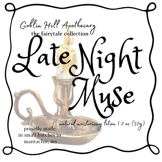 Product label for 'Late Night Muse' natural moisturizing lotion from Goblin Hill Apothecary with a candle design.