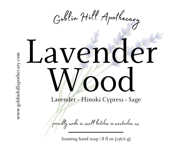 Goblin Hill Apothecary Lavender Wood soap label with lavender imagery.