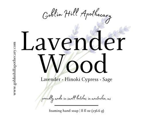 Goblin Hill Apothecary Lavender Wood soap label with lavender imagery.