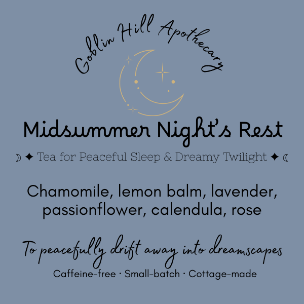 Goblin Hill Apothecary label for 'Midsummer Night's Rest' tea on a blue background