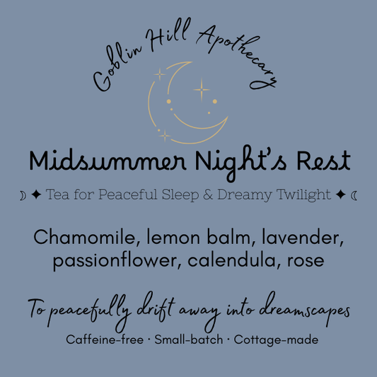 Goblin Hill Apothecary label for 'Midsummer Night's Rest' tea on a blue background