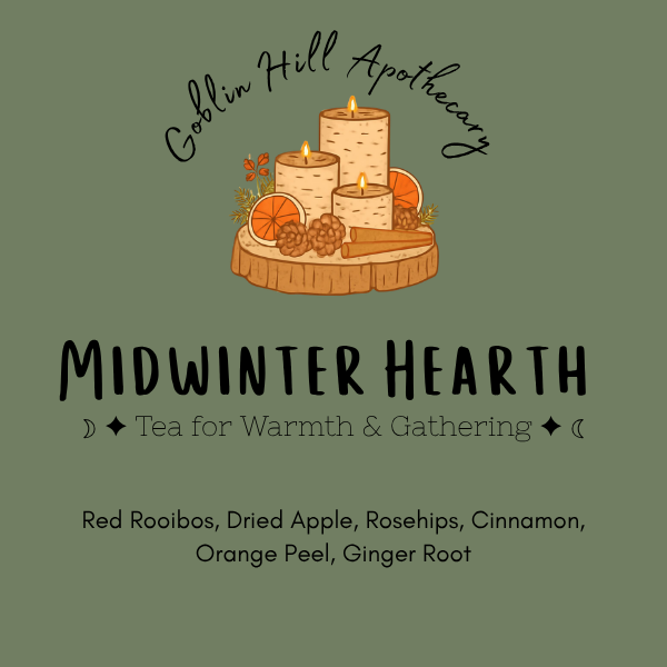 Goblin Hill Apothecary Midwinter Hearth tea packaging with candles and natural elements on a green background.