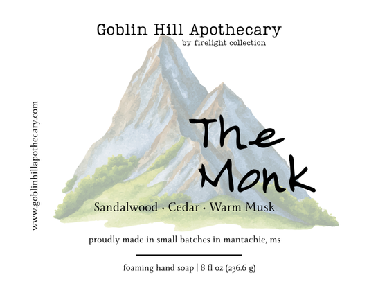 Goblin Hill Apothecary label with mountain illustration and product details