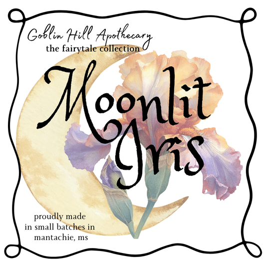 Product label for 'Moonlit Iris' from Goblin Hill Apothecary with floral design and text.