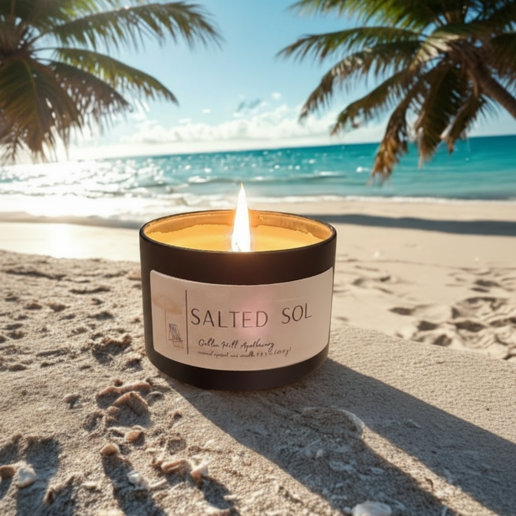 Candle labeled 'Salted Sol' on a sandy beach with ocean and palm trees in the background