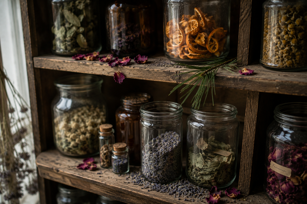 Wooden shelf with various jars containing dried herbs and plants