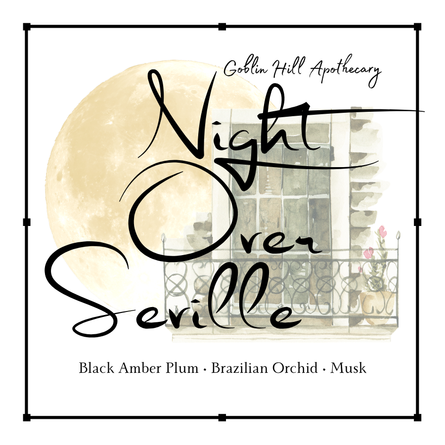 Goblin Hill Apothecary 'Night Over Seville' product packaging with moon and building illustration.
