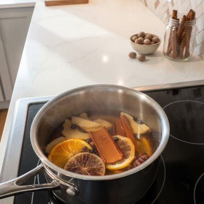 Stovetop potpourri with citrus slices and cinnamon sticks on a tiled stove.