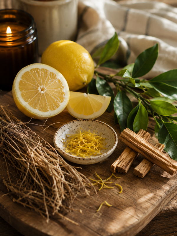 Lemons, cinnamon sticks, and a candle on a wooden surface with a rustic background.