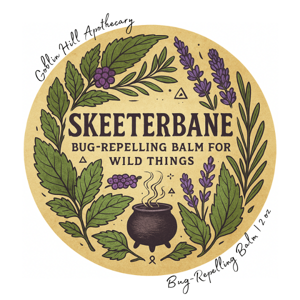 Label for 'Skeeterbane' bug-repelling balm for wild things with herbal design