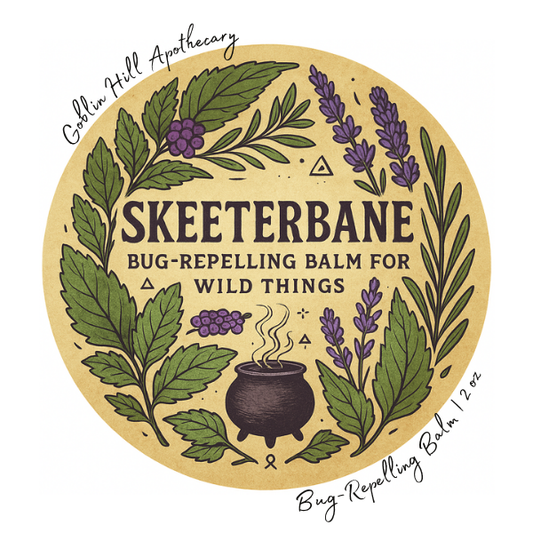 Label for 'Skeeterbane' bug-repelling balm for wild things with herbal design