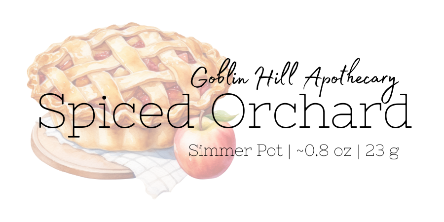 Spiced Orchard simmer pot with a pie and apple on a white background, featuring Goblin Hill Apothecary branding.