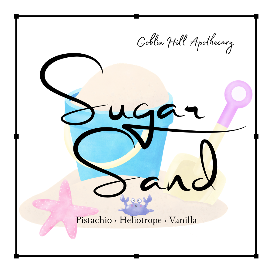 Logo for 'Sugar Sand' by Goblin Hill Apothecary with an ice cream cone and beach elements.
