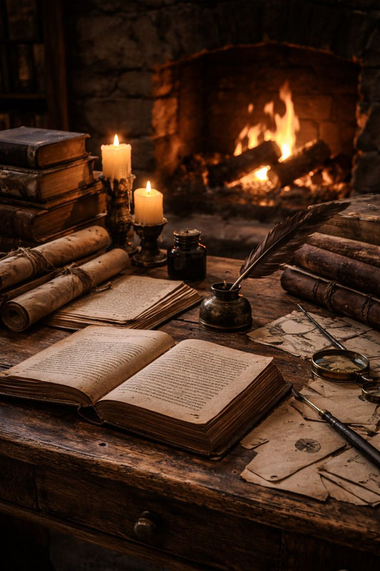 Vintage desk with open books, quill, and candles by a fireplace