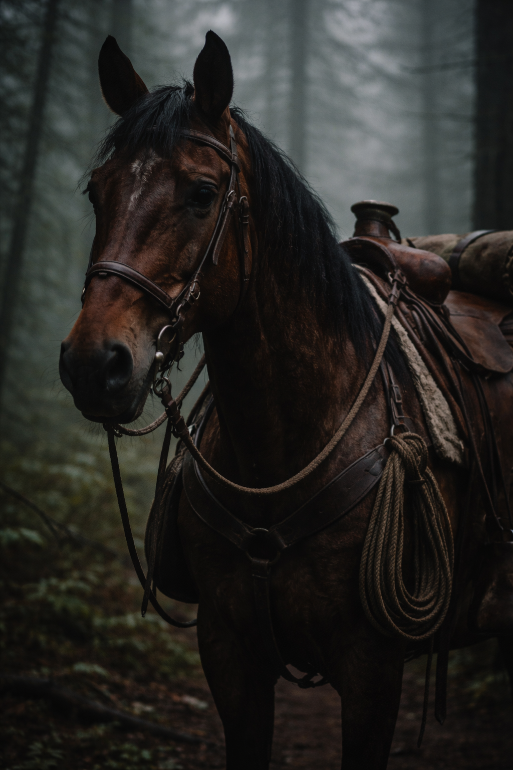 a horse standing in the woods