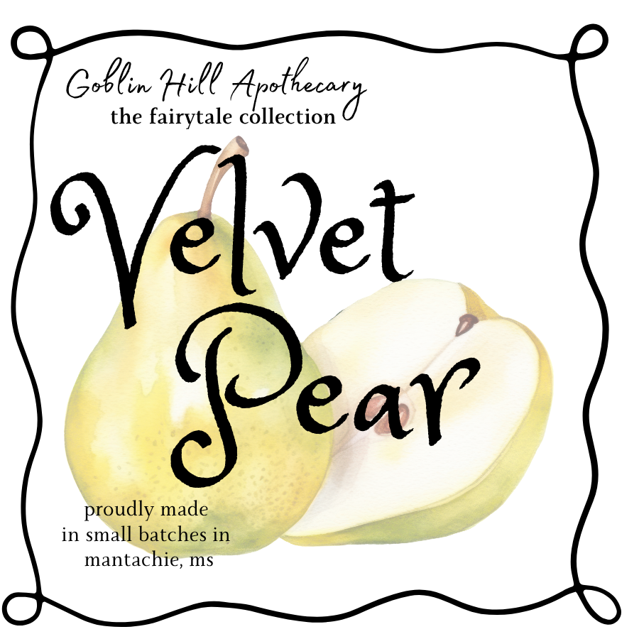 'Velvet Pear' label with two pears on a white background.